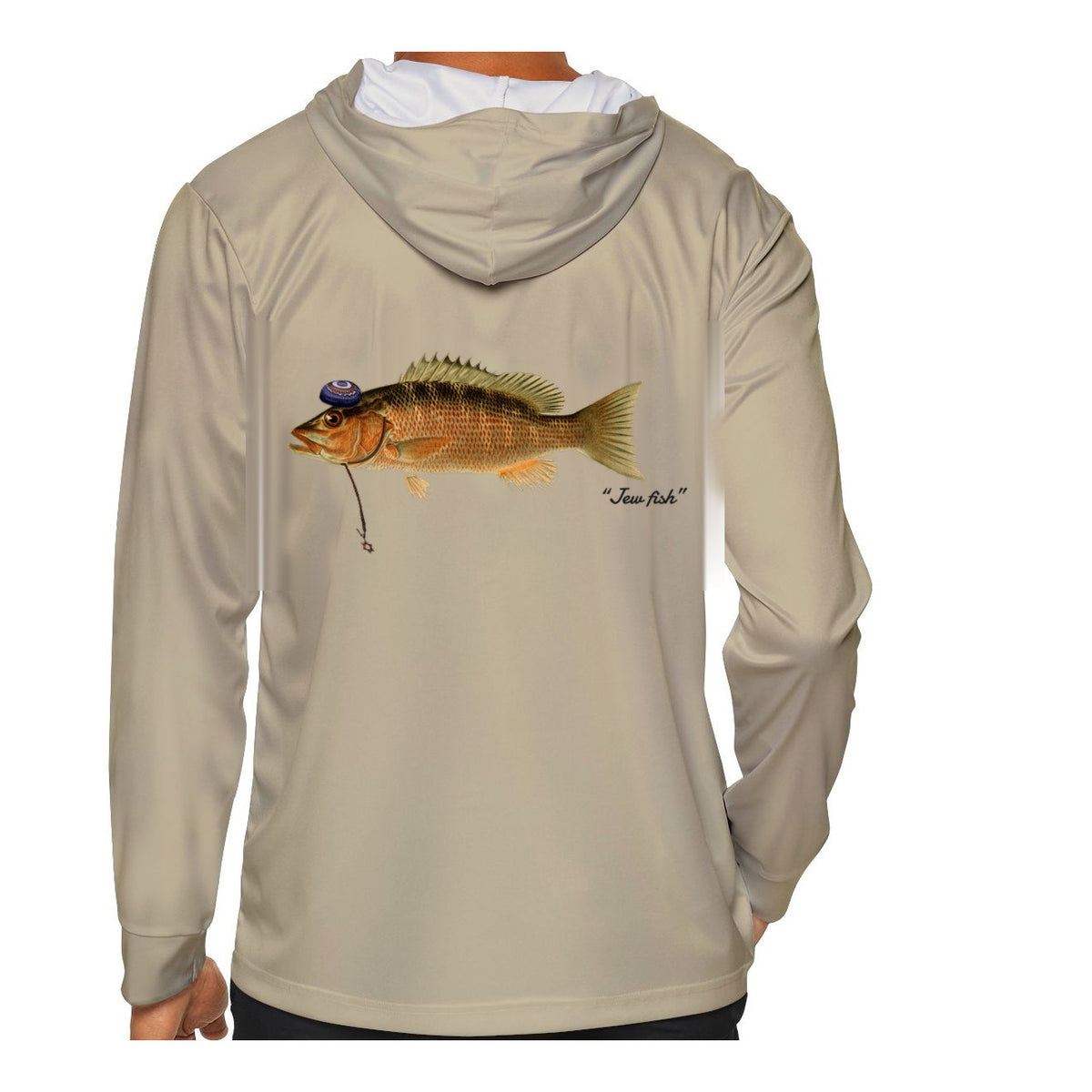 Model wearing the Sand "Jew fish" mangrove snapper sun hoodie, back view