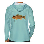 Model wearing the Seafoam "Jew fish" mangrove snapper sun hoodie, back view