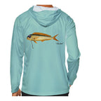 Model wearing the Seafoam "Jew fish" mahi sun hoodie, back view