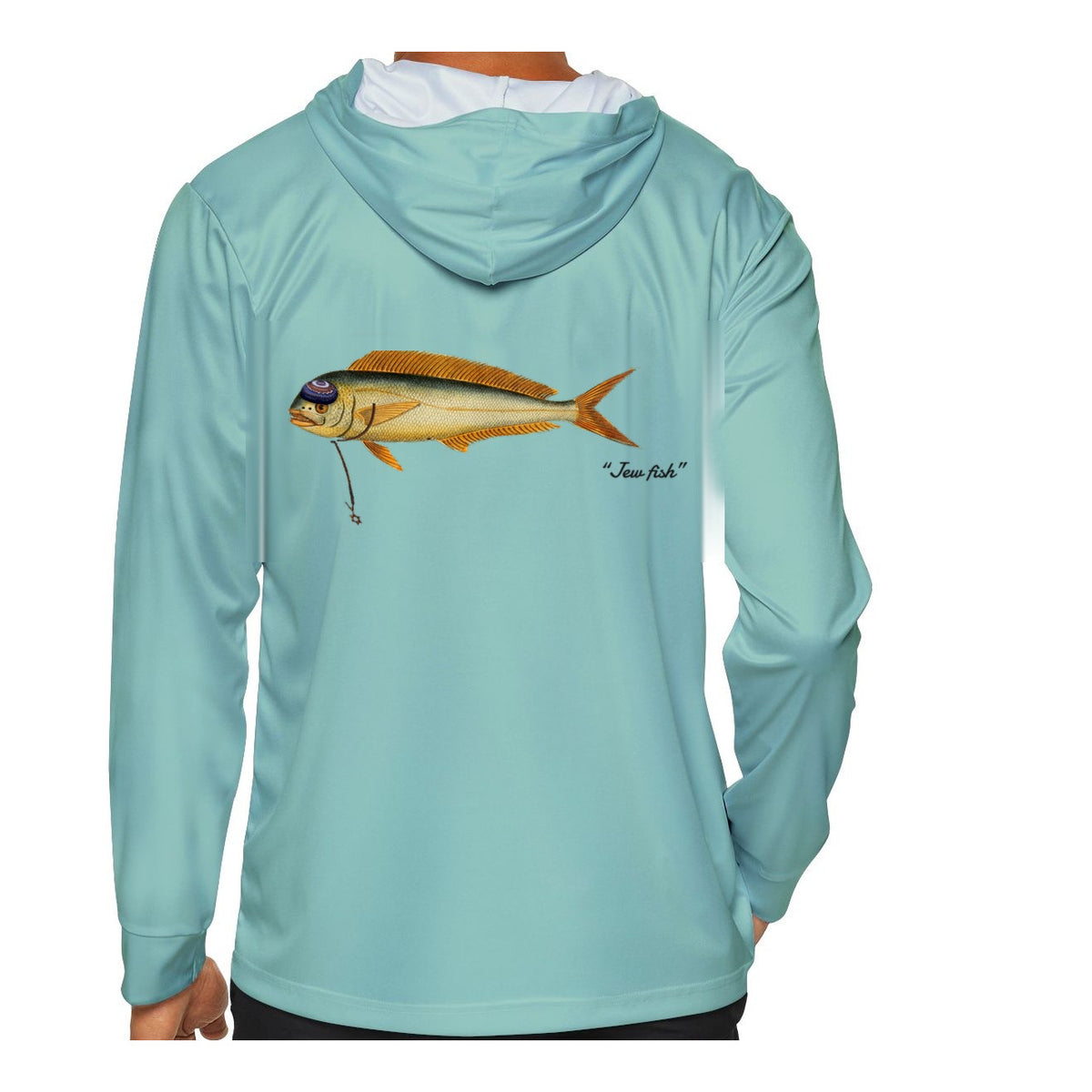 Model wearing the Seafoam "Jew fish" mahi sun hoodie, back view