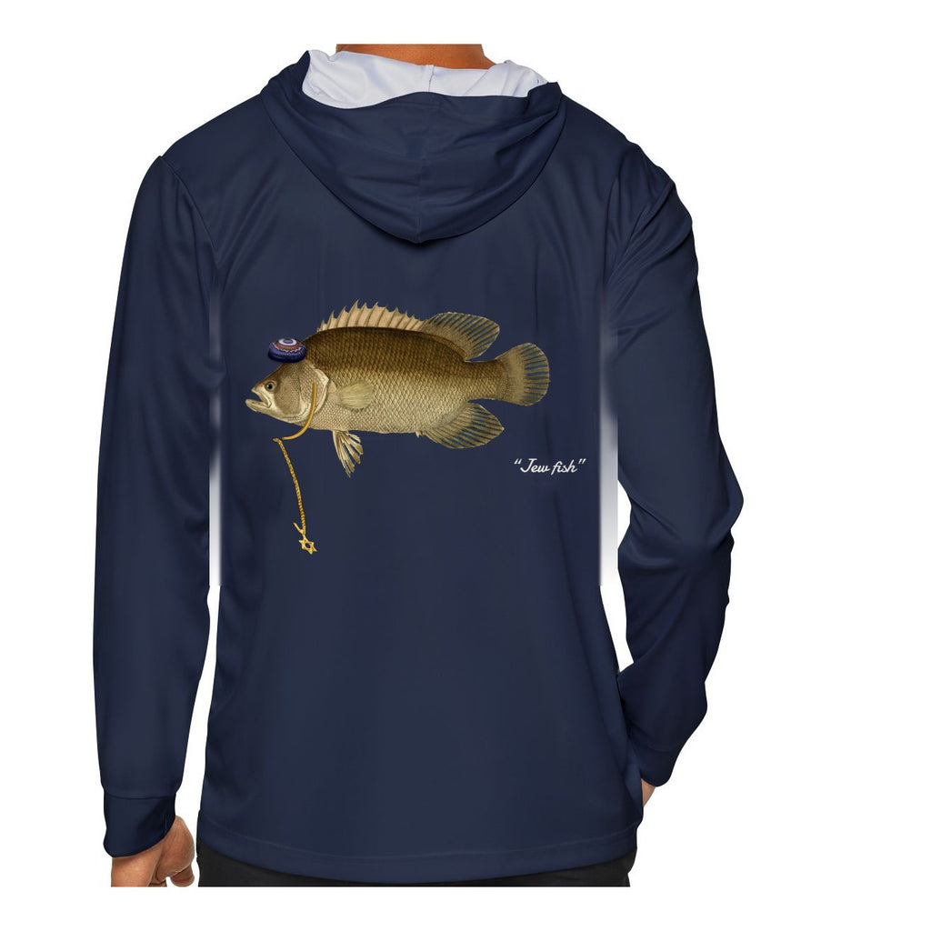 Model wearing the Navy "Jew fish" tripletail sun hoodie, back view
