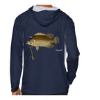 Model wearing the Navy "Jew fish" tripletail sun hoodie, back view