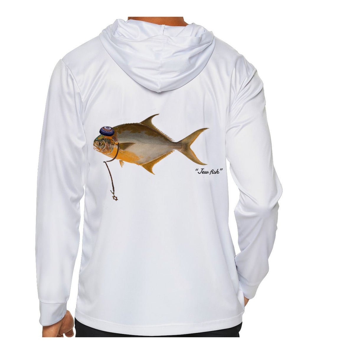 Model wearing the White "Jew fish" pompano sun hoodie, back view