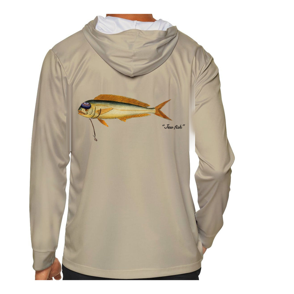 Model wearing the Sand "Jew fish" mahi sun hoodie, back view