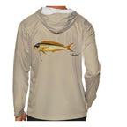 Model wearing the Sand "Jew fish" mahi sun hoodie, back view