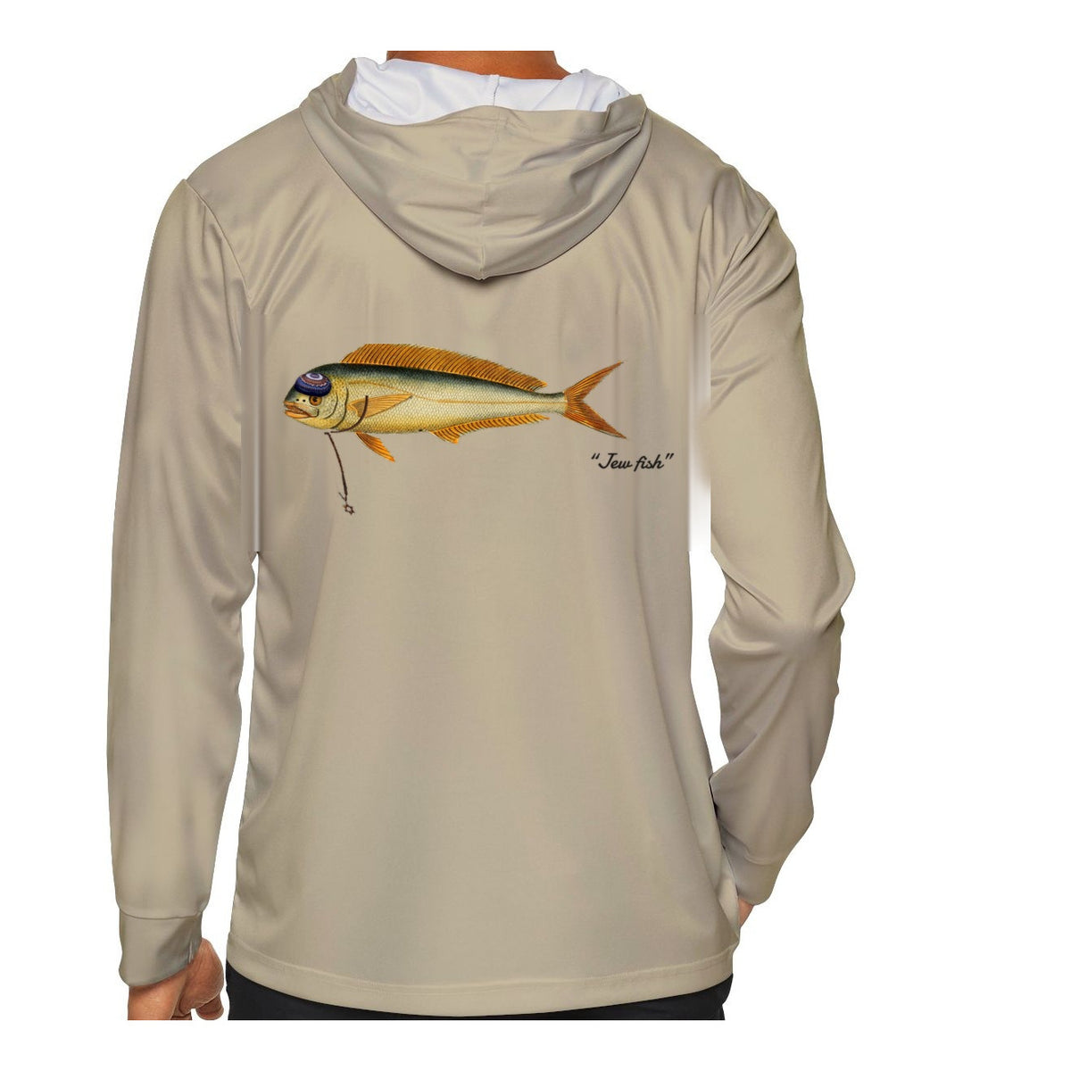 Model wearing the Sand "Jew fish" mahi sun hoodie, back view
