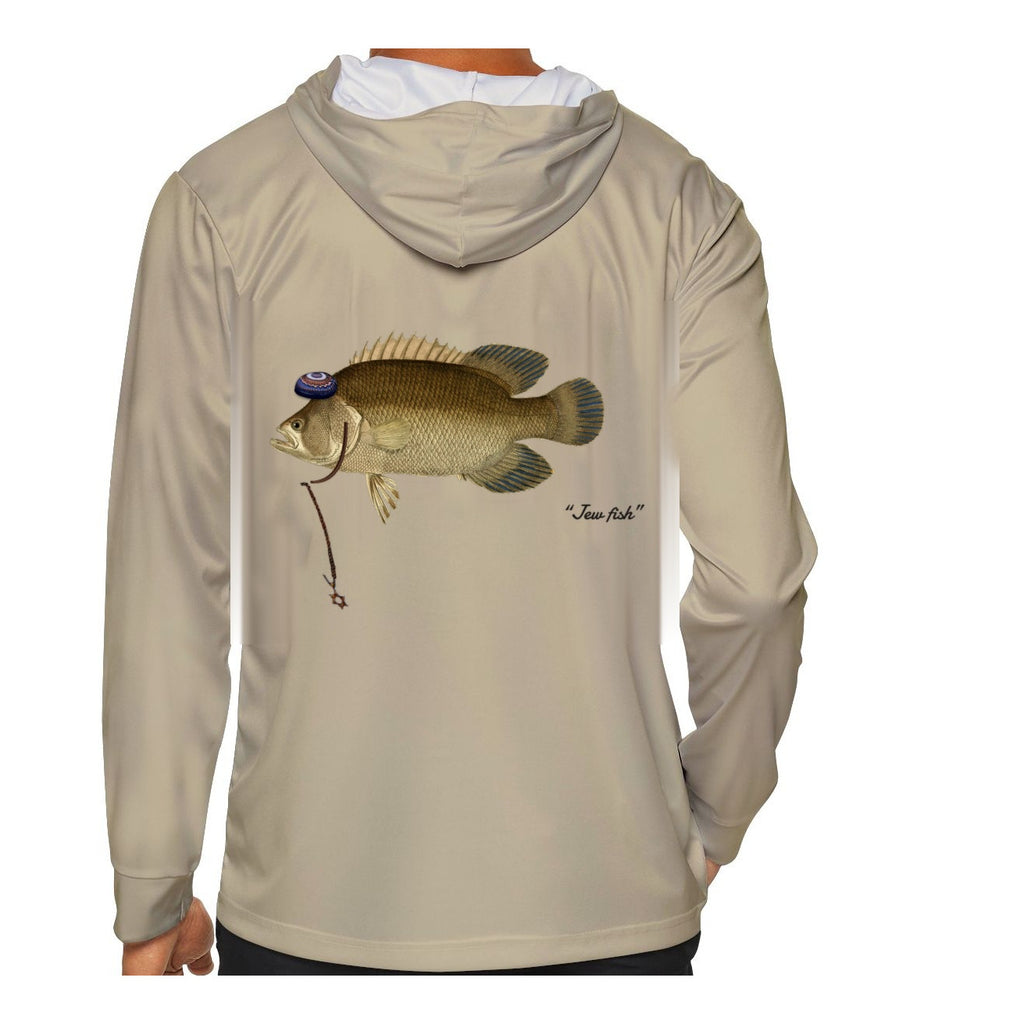 Model wearing the Sand "Jew fish" tripletail sun hoodie, back view