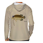 Model wearing the Sand "Jew fish" tripletail sun hoodie, back view