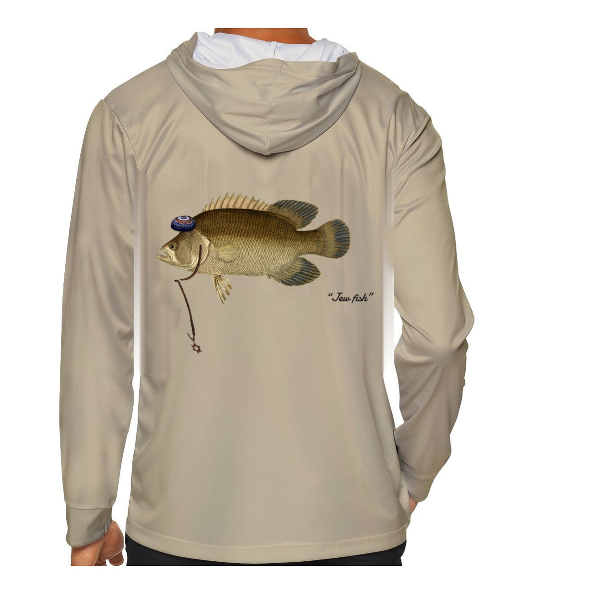 Model wearing the Sand "Jew fish" tripletail sun hoodie, back view