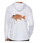 Model wearing the White "Jew fish" red snapper sun hoodie, back view