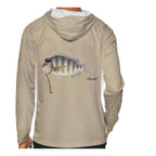Model wearing the Sand "Jew fish" sheepshead sun hoodie, back view