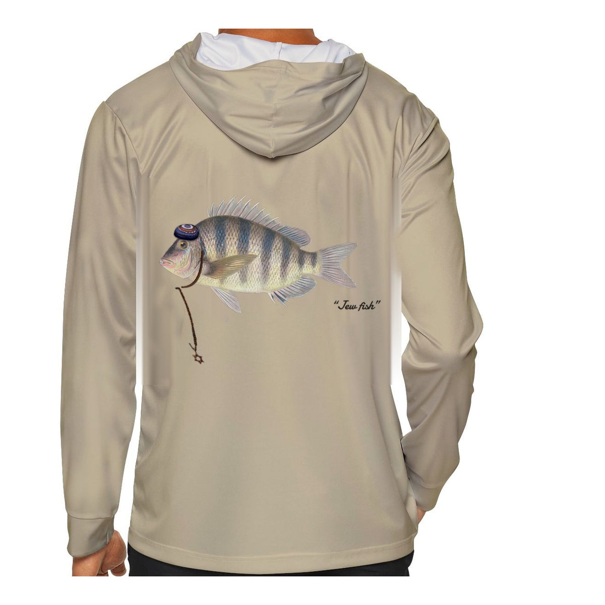 Model wearing the Sand "Jew fish" sheepshead sun hoodie, back view