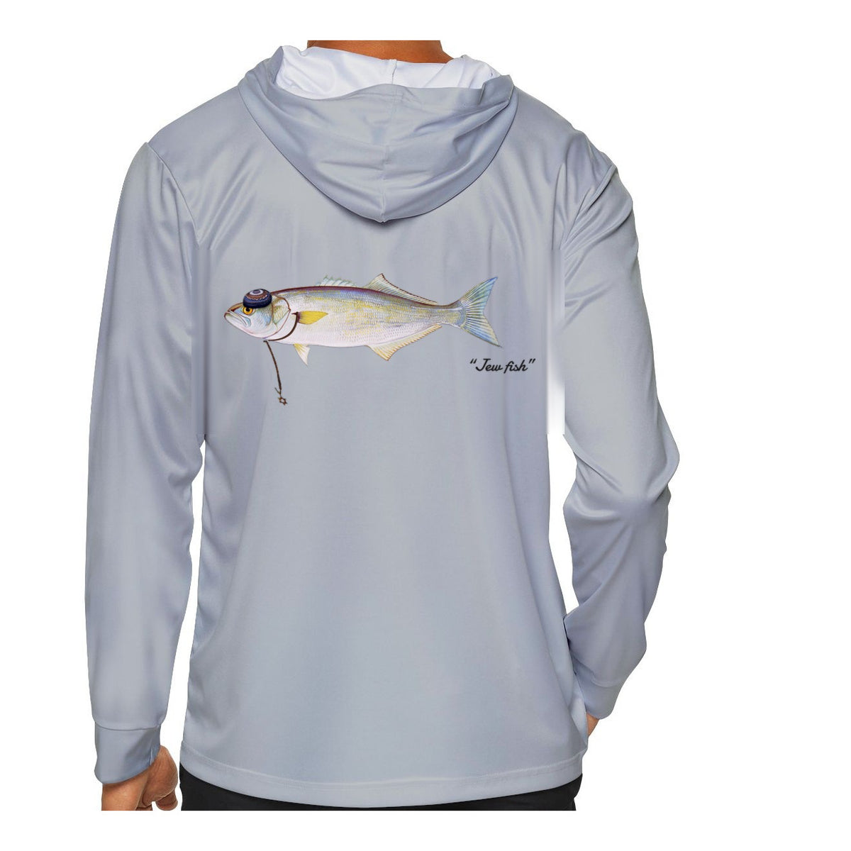 Model wearing the Light Grey "Jew fish" bluefish sun hoodie, back view