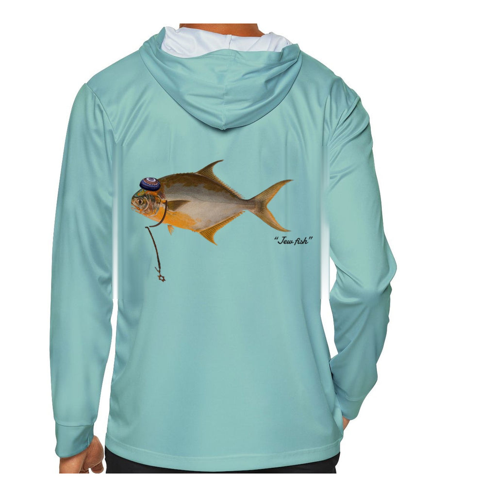Model wearing the Seafoam "Jew fish" pompano sun hoodie, back view