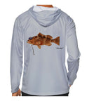 Model wearing the Light Grey "Jew fish" red grouper sun hoodie, back view