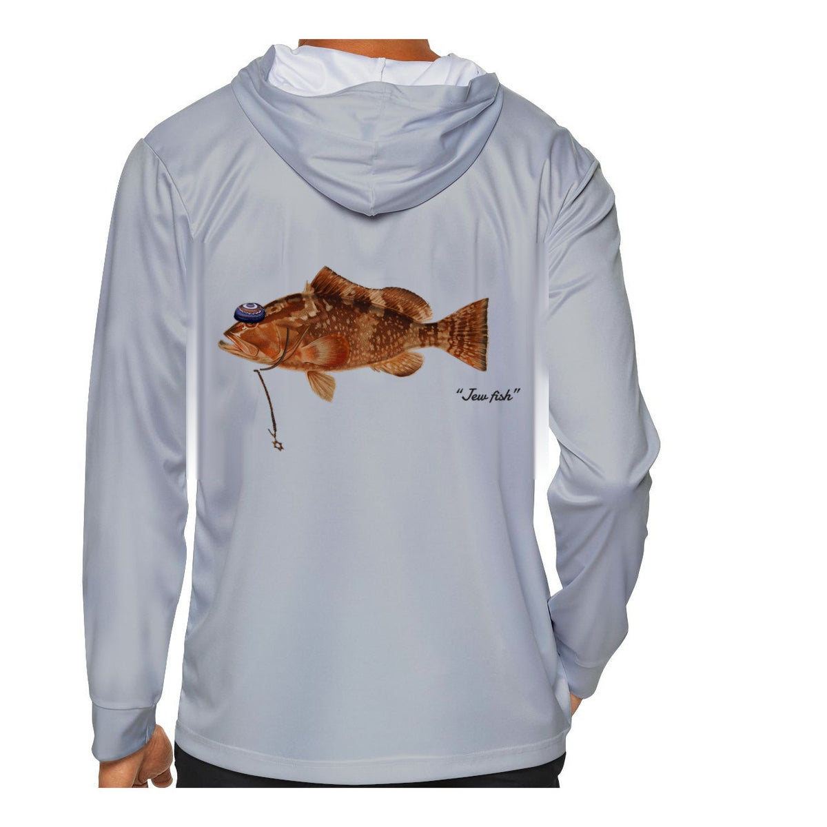 Model wearing the Light Grey "Jew fish" red grouper sun hoodie, back view