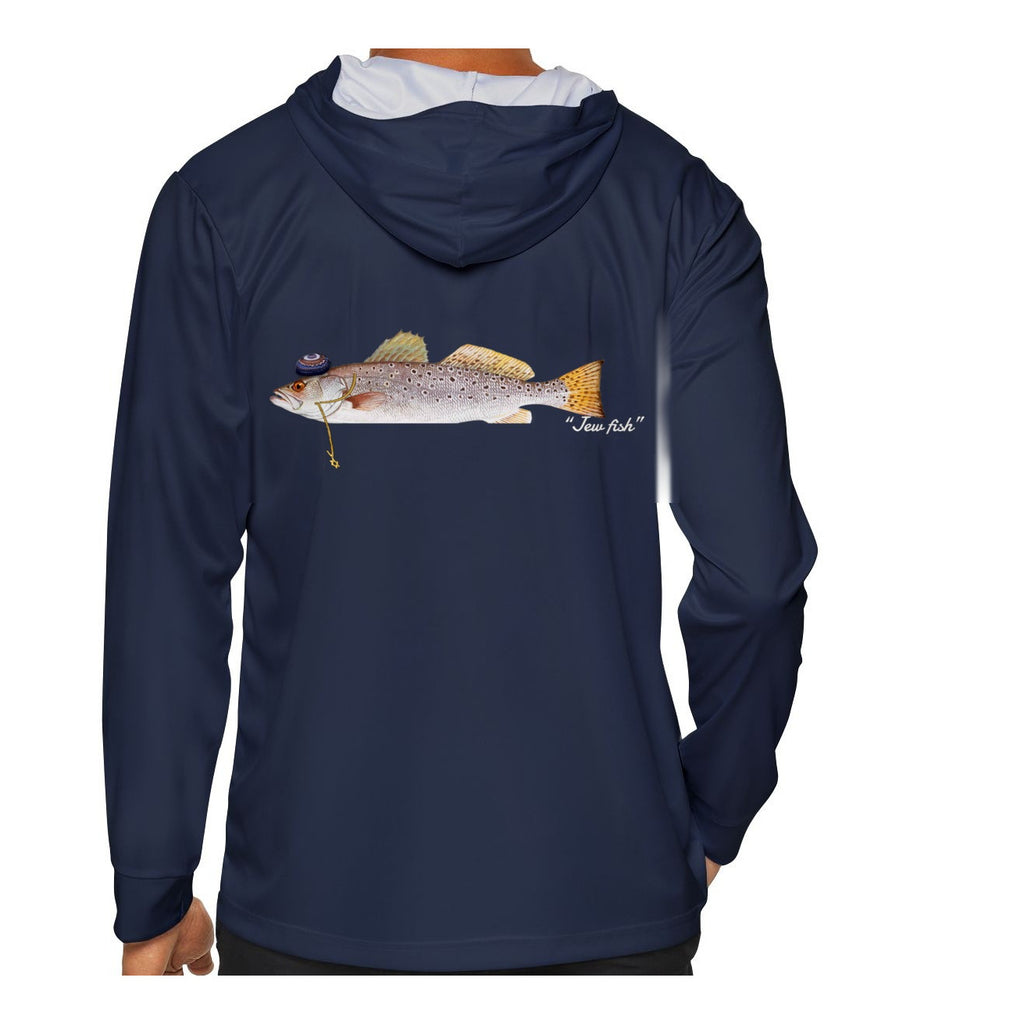 Model wearing the Navy "Jew fish" speckled trout sun hoodie, back view
