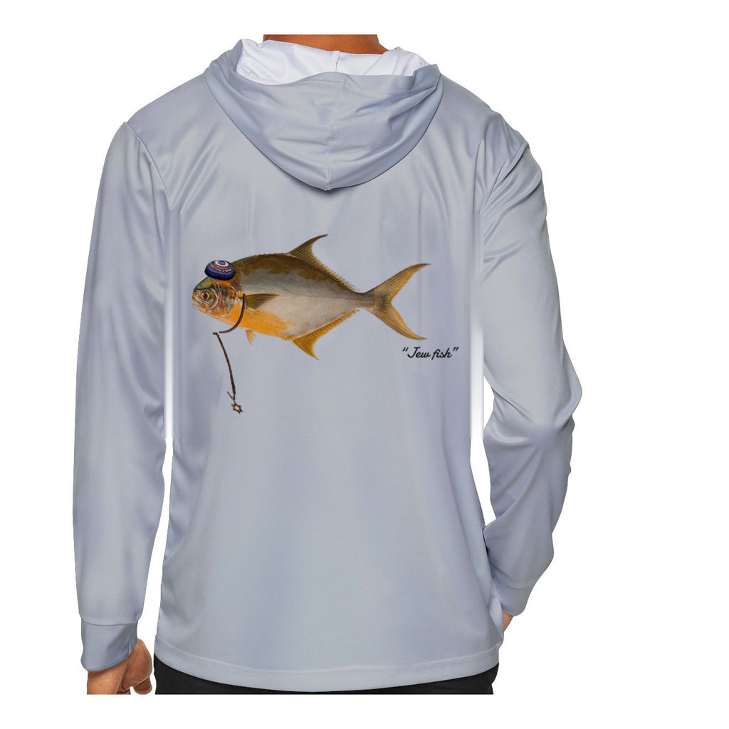 Model wearing the Light Grey "Jew fish" pompano sun hoodie, back view
