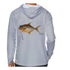 Model wearing the Light Grey "Jew fish" pompano sun hoodie, back view