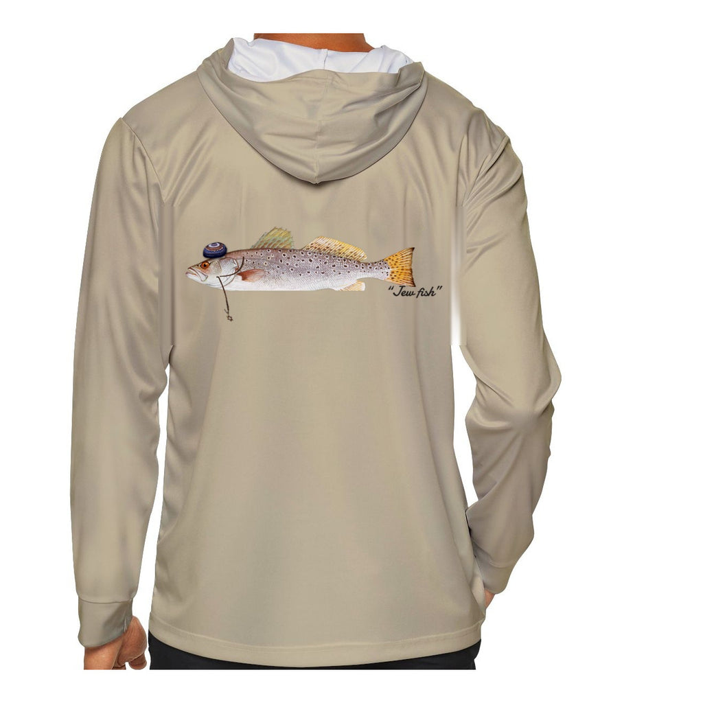 Model wearing the Sand "Jew fish" speckled trout sun hoodie, back view