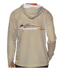 Model wearing the Sand "Jew fish" speckled trout sun hoodie, back view