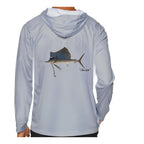 Model wearing the Light Grey "Jew fish" sailfish sun hoodie, back view