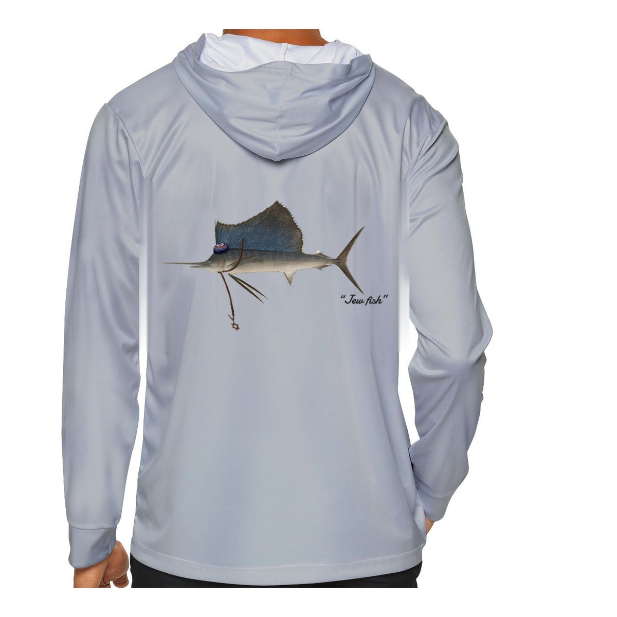 Model wearing the Light Grey "Jew fish" sailfish sun hoodie, back view
