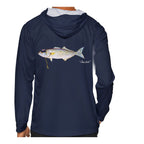 Model wearing the Navy "Jew fish" bluefish sun hoodie, back view