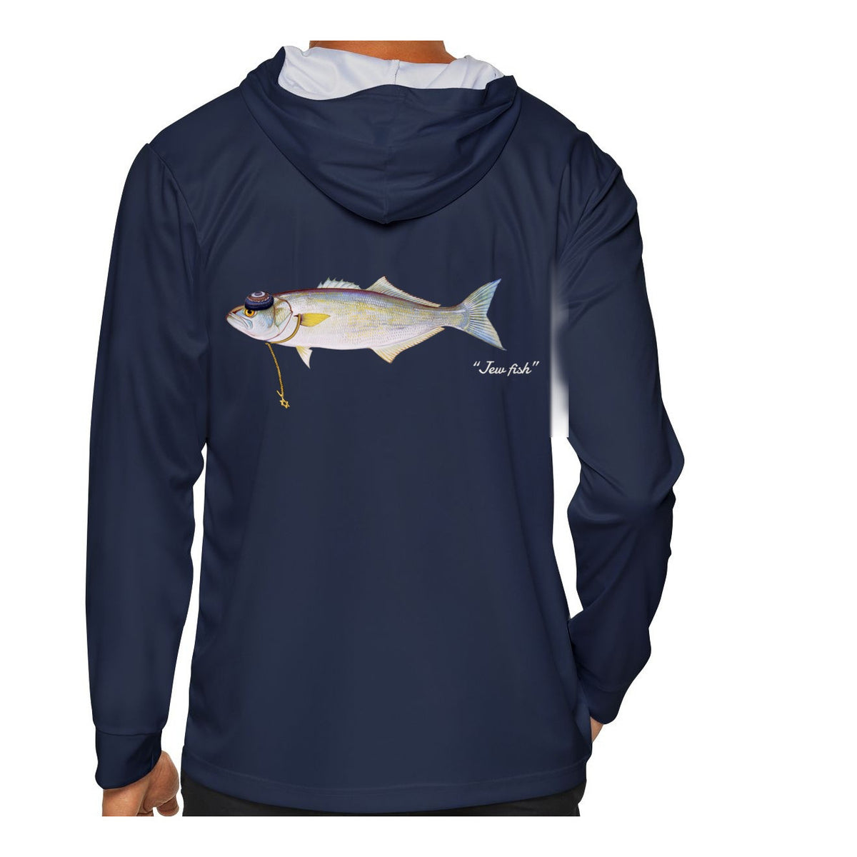 Model wearing the Navy "Jew fish" bluefish sun hoodie, back view