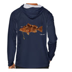 Model wearing the Navy "Jew fish" red grouper sun hoodie, back view