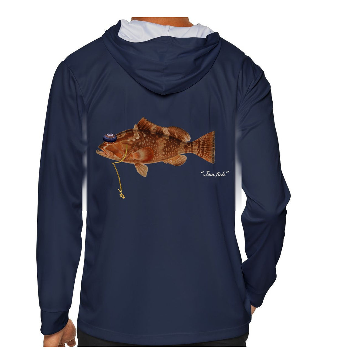 Model wearing the Navy "Jew fish" red grouper sun hoodie, back view