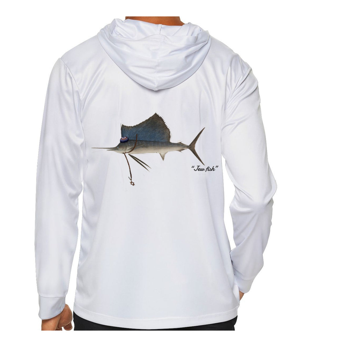 Model wearing the White "Jew fish" sailfish sun hoodie, back view
