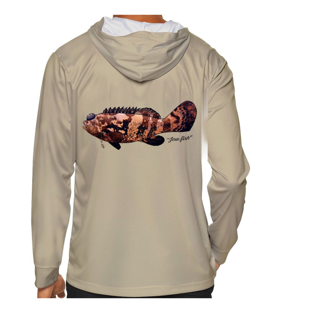 Model wearing the Sand "Jew fish" Goliath grouper sun hoodie, back view