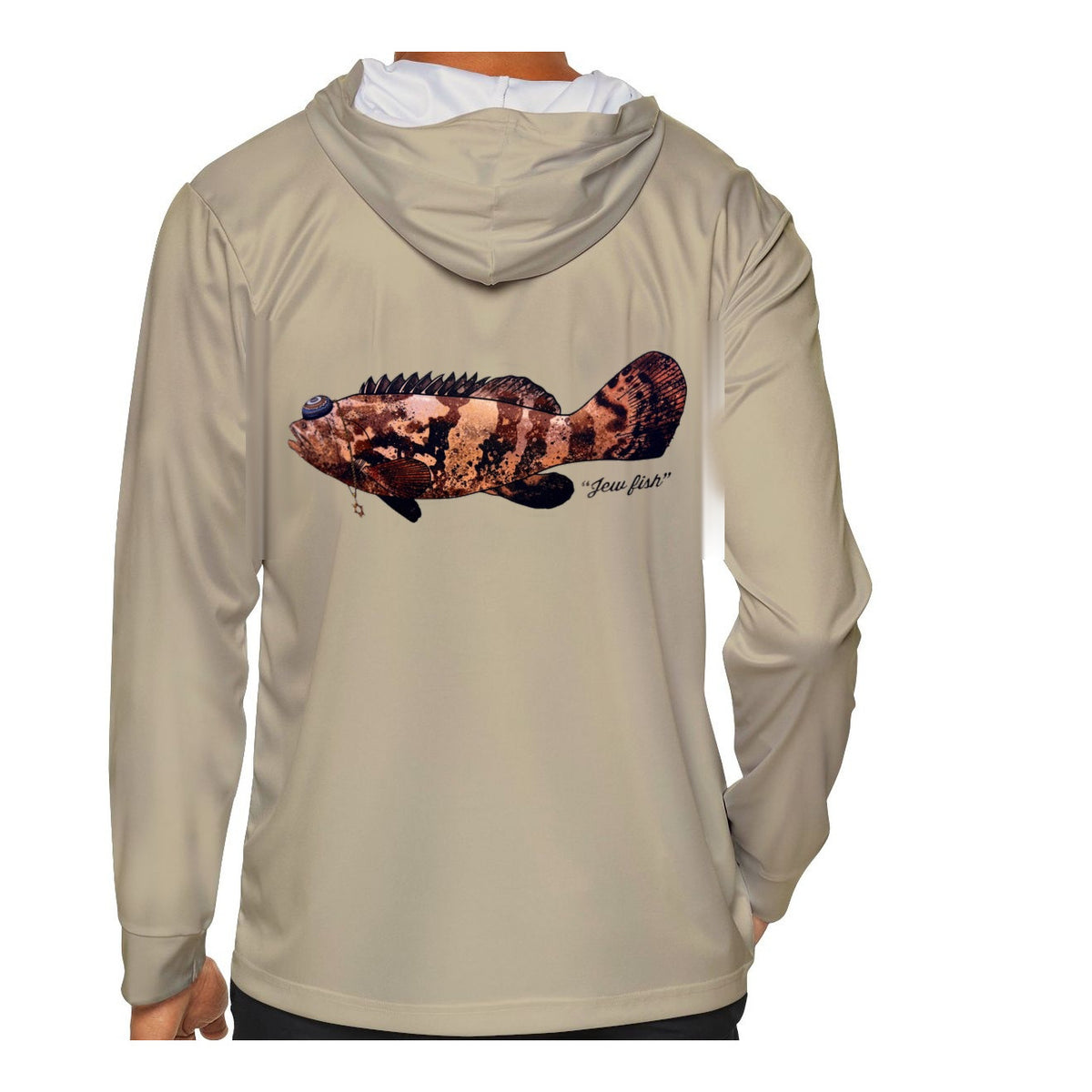 Model wearing the Sand "Jew fish" Goliath grouper sun hoodie, back view