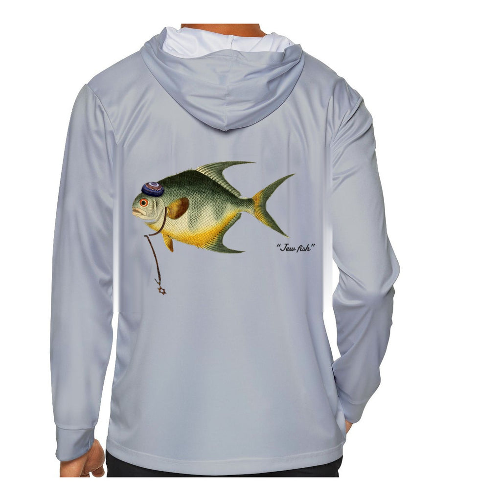 Model wearing the Light Grey "Jew fish" permit sun hoodie, back view