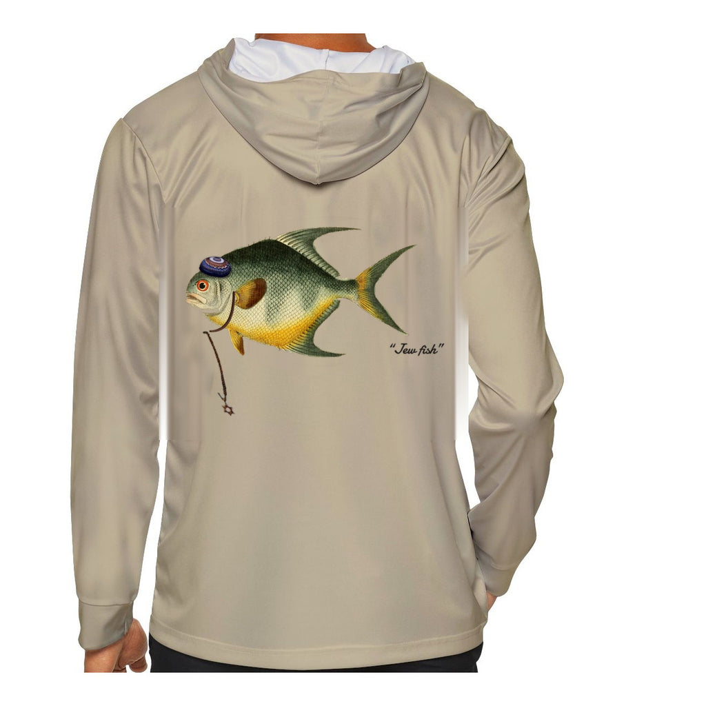 Model wearing the Sand "Jew fish" permit sun hoodie, back view