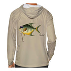 Model wearing the Sand "Jew fish" permit sun hoodie, back view