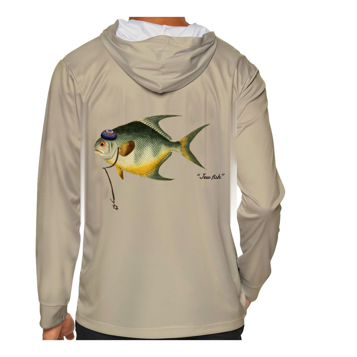 Model wearing the Sand "Jew fish" permit sun hoodie, back view