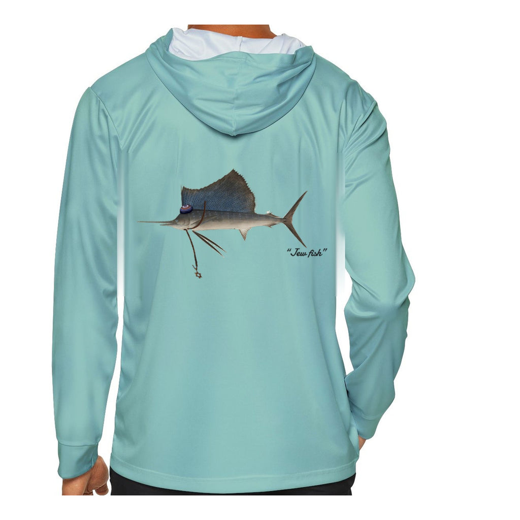 Model wearing the Seafoam "Jew fish" sailfish sun hoodie, back view