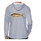Model wearing the Light Grey "Jew fish" mahi sun hoodie, back view