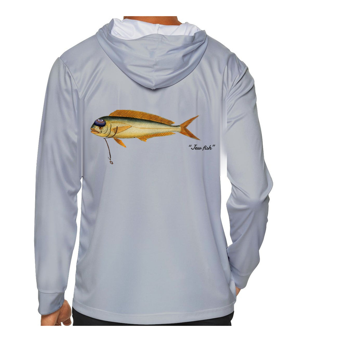 Model wearing the Light Grey "Jew fish" mahi sun hoodie, back view