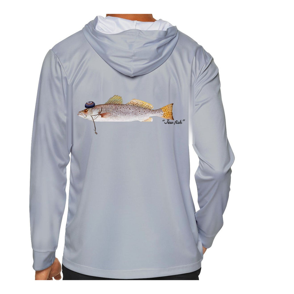 Model wearing the Light Grey "Jew fish" speckled trout sun hoodie, back view