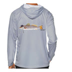 Model wearing the Light Grey "Jew fish" speckled trout sun hoodie, back view
