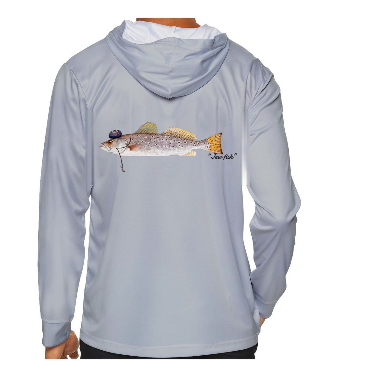 Model wearing the Light Grey "Jew fish" speckled trout sun hoodie, back view