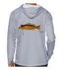 Model wearing the Light Grey "Jew fish" mangrove snapper sun hoodie, back view