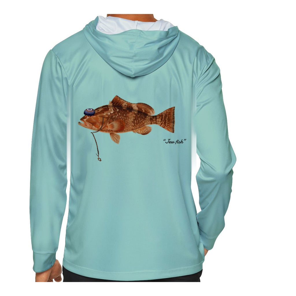 Model wearing the Seafoam "Jew fish" red grouper sun hoodie, back view