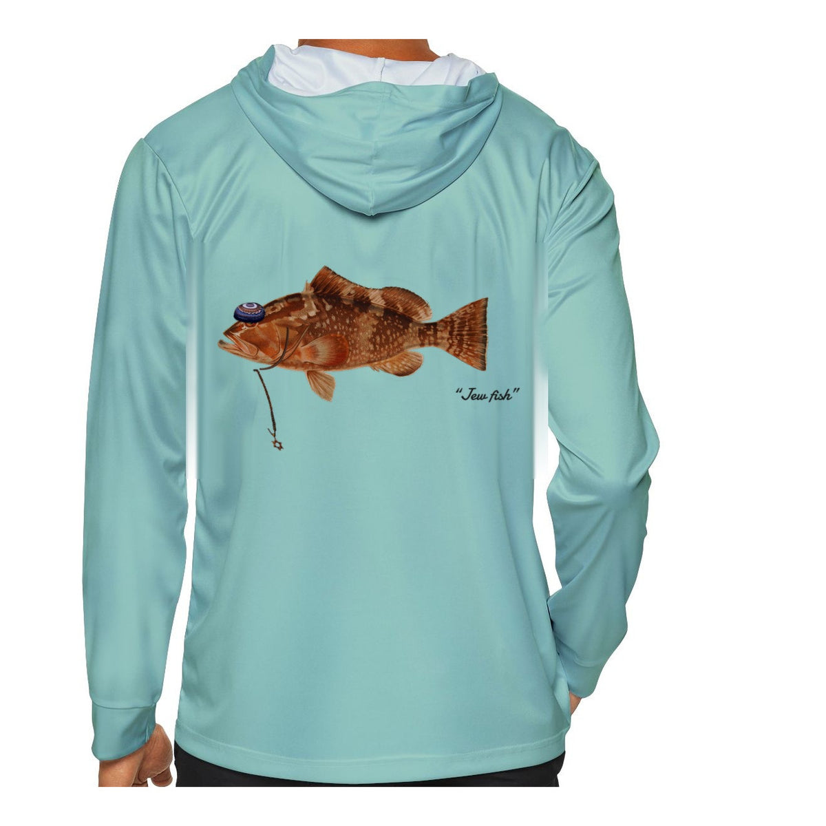 Model wearing the Seafoam "Jew fish" red grouper sun hoodie, back view