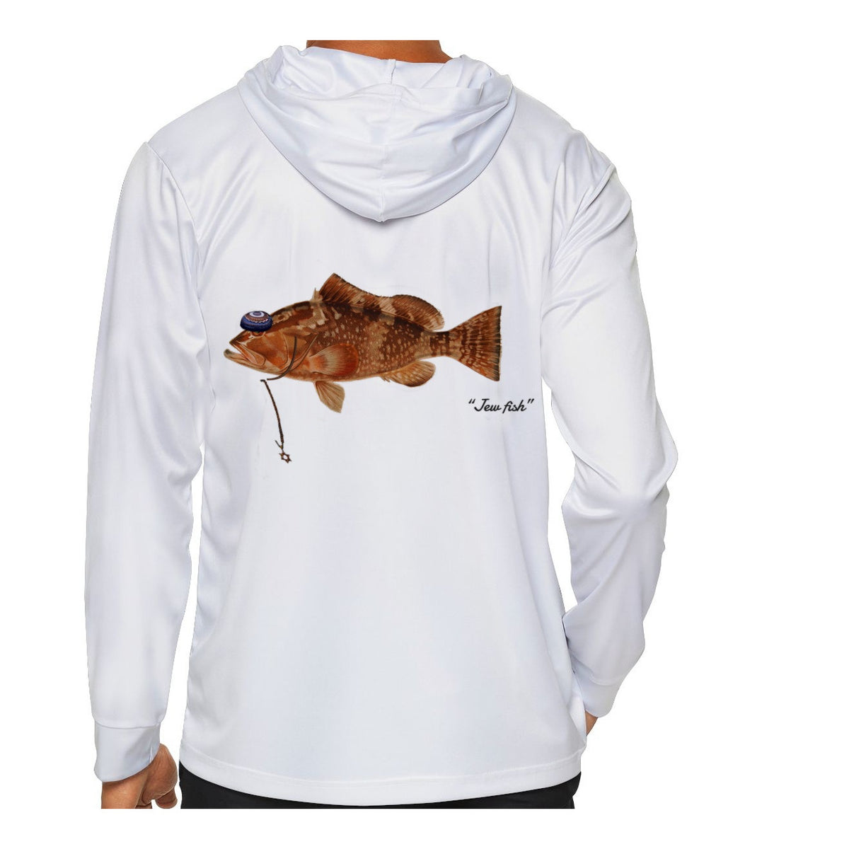 Model wearing the White "Jew fish" red grouper sun hoodie, back view