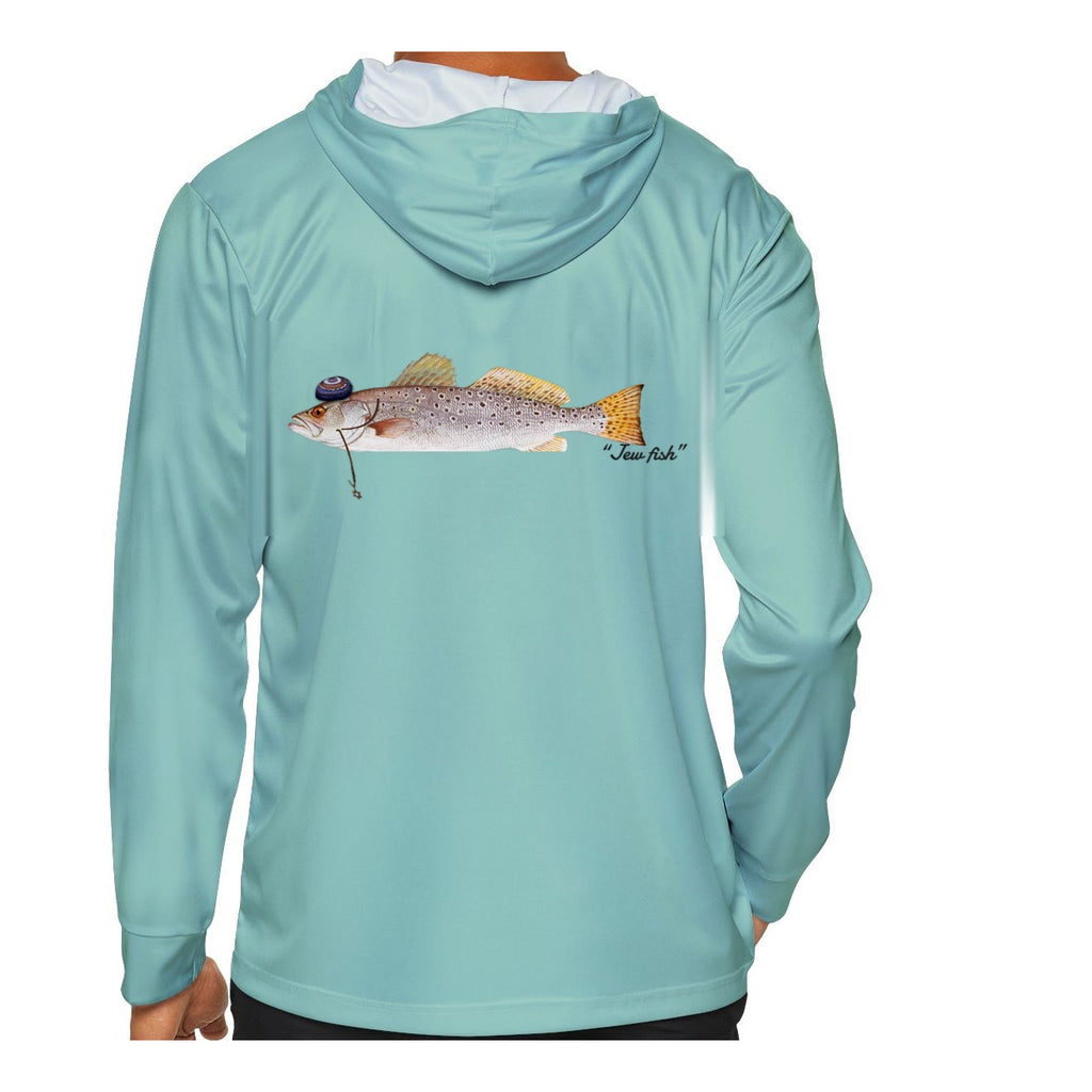 Model wearing the Seafoam "Jew fish" speckled trout sun hoodie, back view