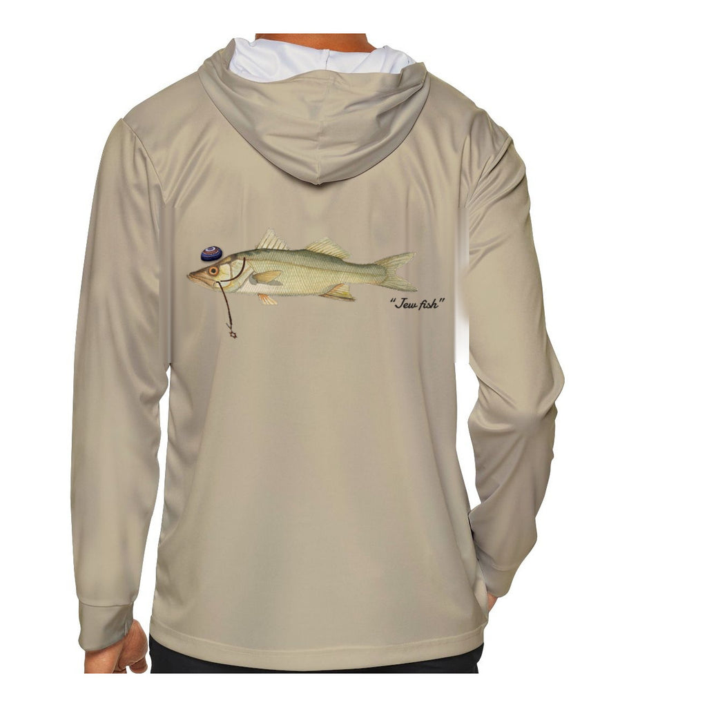 Model wearing the Sand "Jew fish" snook sun hoodie, back view